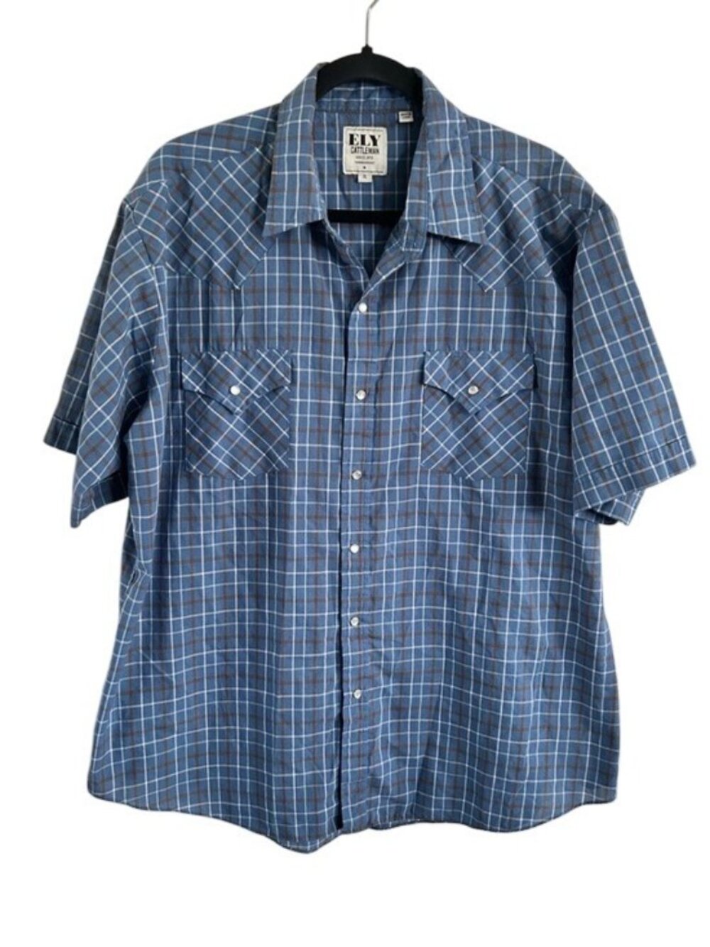Ely Cattleman Blue Plaid Short-Sleeve Western Pearl Snap Shirt XL Missing Button